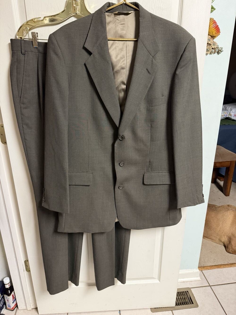 Vnt 70s Evan Picone Suit 46L Brown Wool Houndstooth Premium Jacket Pants 40x30